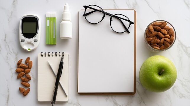 Diabetic Eye Disease Month: Top-down flat lay on white marble featuring a glucometer, test strips, eye drops, reading glasses, notebook, pen, green apple, and almonds.