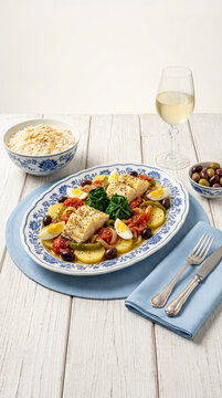 Roasted cod with potatoes, olives, and bell peppers, served with almond rice and a glass of white wine on a light, rustic wooden table - bacalhoada portuguesa 