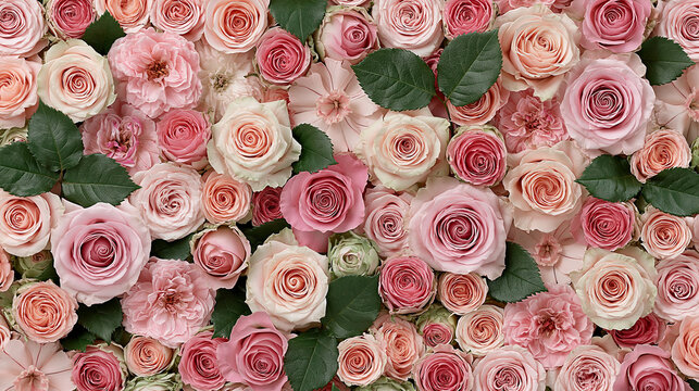 Romantic floral background filled with beautiful pink, blush and cream roses in full bloom, delicate pastel flowers and dark green leaves creating an elegant botanical pattern for weddings and romance