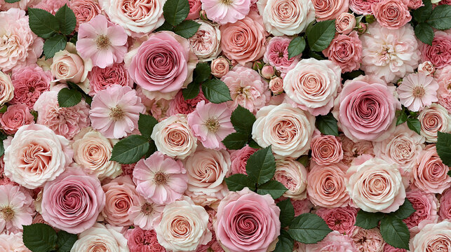 Romantic floral background filled with beautiful pink, blush and cream roses in full bloom, delicate pastel flowers and dark green leaves creating an elegant botanical pattern for weddings and romance