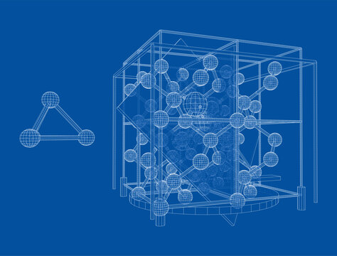 Wireframe molecular lattice blueprint. Vector
