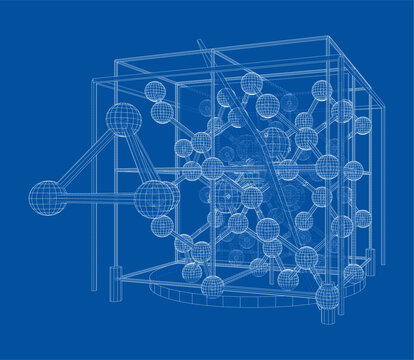 Crystal lattice wireframe blueprint. Vector
