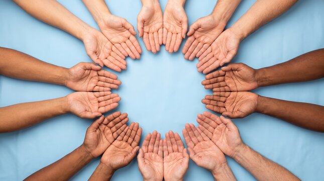 cultural unity, a diverse groups hands unite in a circle against a soft blue backdrop