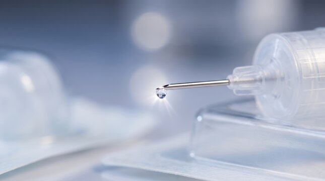 medical equipment close-up, close-up of an insulin pen needle tip with a droplet sparkling softly