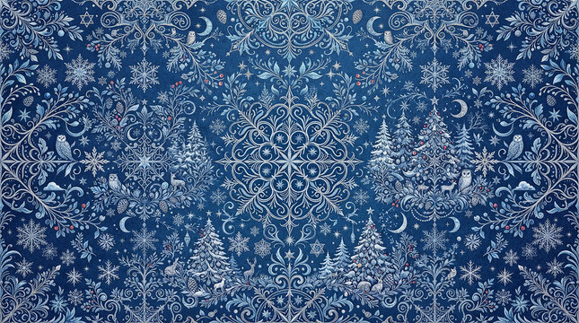 Blue winter wonderland pattern with snowy christmas trees and festive wildlife.