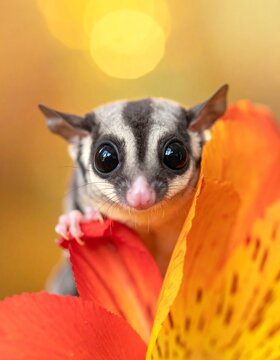 Cute Sugar Glider Peeking from Behind Bright Orange Flower Petals