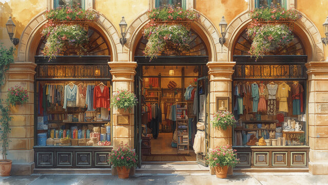 Watercolor Illustration of Classic European Street Boutiques with Flower Balconies