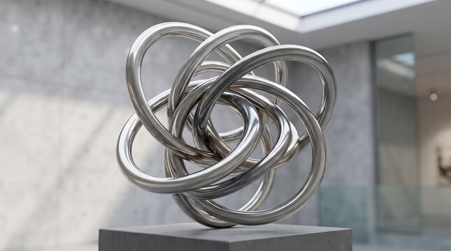 Abstract 3D interlocking metallic rings sculpture