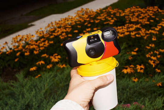 Camera placed on a cup among yellow flowers