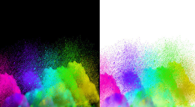 Colorful powder explosion on split black and white background. Vibrant pigment cloud burst. Holi festival celebration effect. Dynamic paint particles splashing across contrast studio backdrops