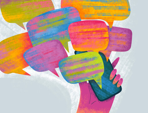 Using a smartphone to communicate with colorful chat bubbles