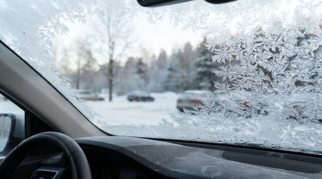 Winter driving conditions with a frosted windshield and snow covered trees outside