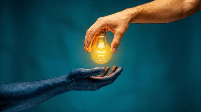 A natural human hand places a glowing incandescent light bulb into an open, blue-painted palm against a dark blue background, symbolizing the passage of a brilliant idea or innovative concept.