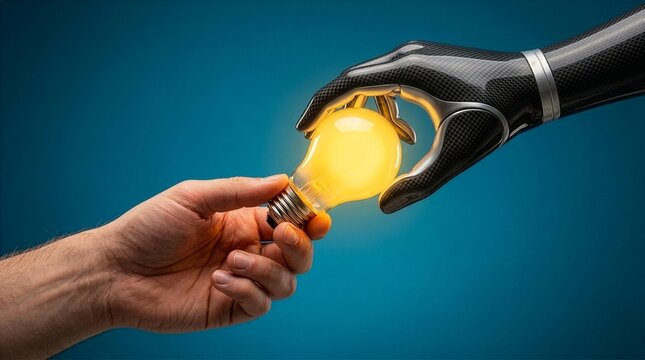 A human hand passes a glowing yellow light bulb to a sleek carbon fiber robotic hand against a solid blue background, representing a synergy between human intelligence and technology.