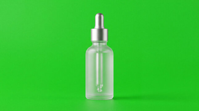Photorealistic Glass Serum Dropper Bottle Isolated on Green Screen Background for Skincare Product Advertising