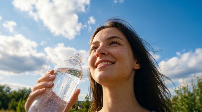 A smiling young brunette woman holds a clear plastic water bottle under a bright blue sky with fluffy white clouds, looking happy and refreshed during an outdoor sunny day.
