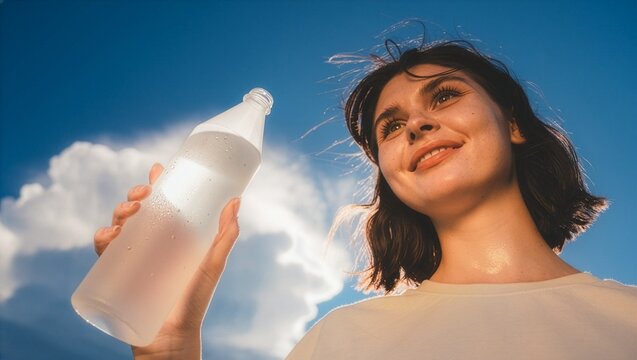 A smiling young woman holds a cold, condensation-covered water bottle against a vibrant blue sky with a bright white cloud, looking refreshed during a sunny outdoor day.