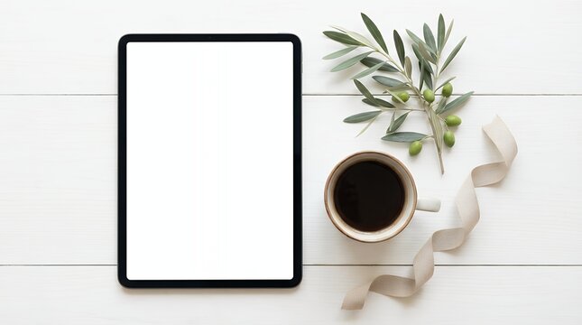 An electronic device mock-up featuring a close-up of a tablet with an empty screen alongside a cup of coffee olive tree branches and a ribbon on a white table background a flat lay top view perfect