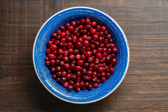 Fresh red cranberries in blue ceramic bowl on dark wooden background, closeup. Ripe organic cranberries filled in vibrant blue ceramic bowl, shot from top view on dark rustic wooden table
