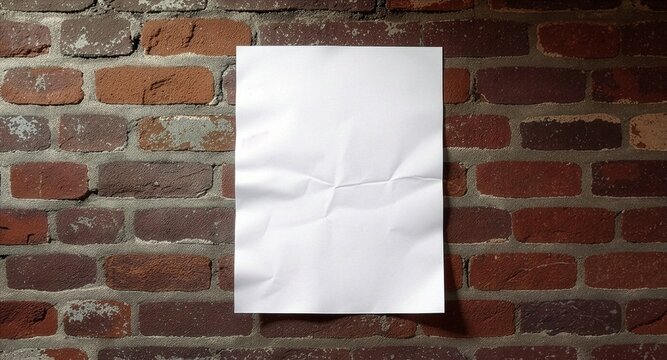 A blank white crumpled paper poster mockup is mounted vertically on a multi-toned weathered red brick wall, presenting a clean empty copy space for creative graphic designs and text.