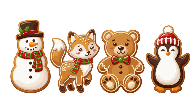 Christmas food cookies featuring snowman, fox, bear, and penguin  