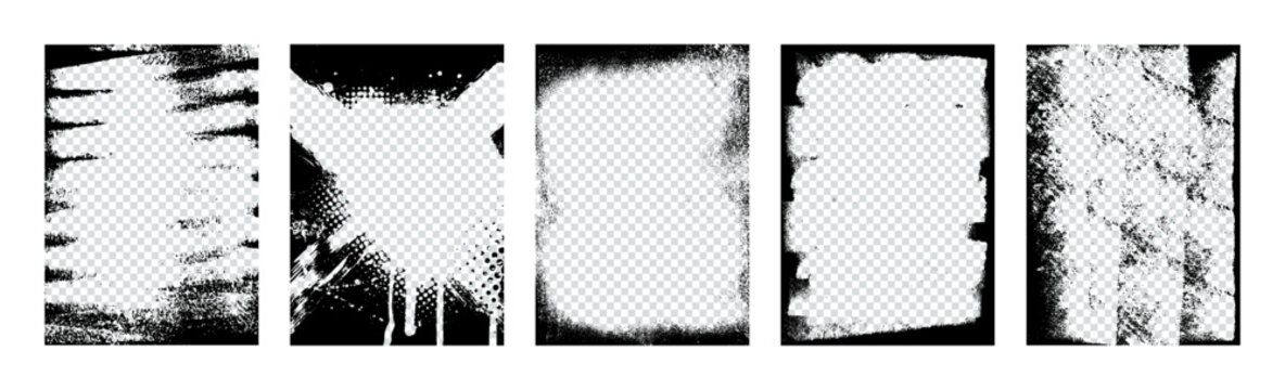 Vertical grunge frames, overlay texture with ink splatters, paint strokes and distressed photo borders. Grunge stamps, shabby printing frames. Overlay textures frames. Vector set, graphic templates