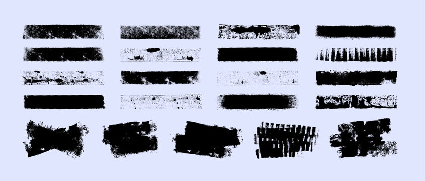 Grunge inr roller textures, dirty ink stamps, distressed texture bars and rough brush smears with splatters and scratches. Roller textures stamps, strokes and layered paint swatches. Vector collection