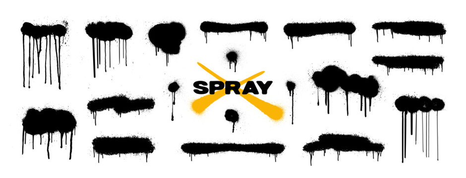 Street art empty templates, spray paint graffiti splatters, drips and grunge aerosol lines. Aerosol dripping stains, splatter blots and dotted stencil spots. Spray graffiti templates. Vector set
