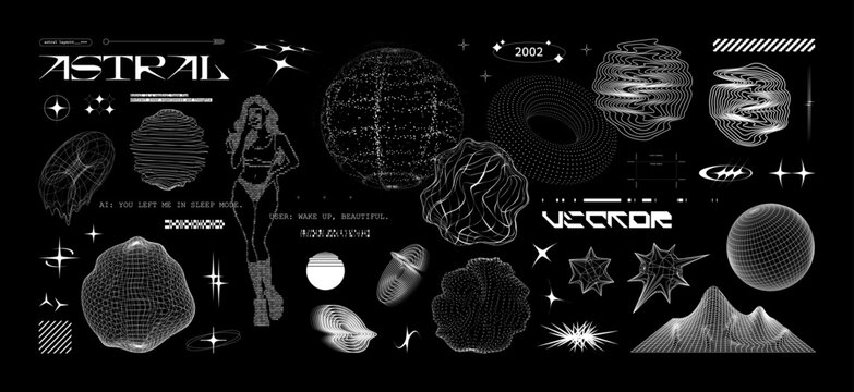 Retrofuturistic and y2k aesthetic with 3D wireframe spheres, universal geometric shapes, sparkle stars with glitch and liquid effects. Y2K elements and 3D shapes. Vector brutalism graphic collection