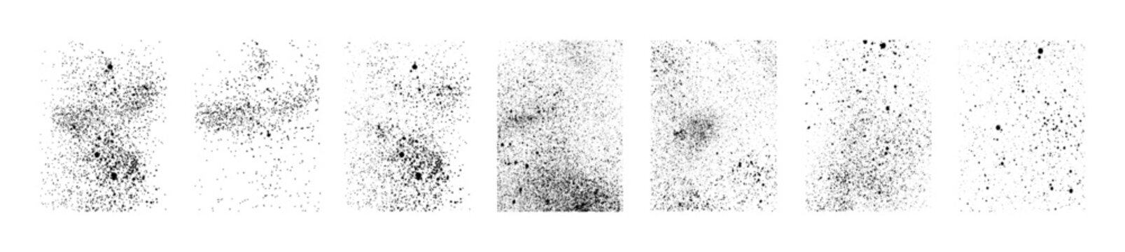 Spray texture for overlay, aerosol effect, stamps featuring large splatters, dynamic drops and ink splash particles. Grunge aerosol dust overlays with dust, grain, spray effects. Vector set