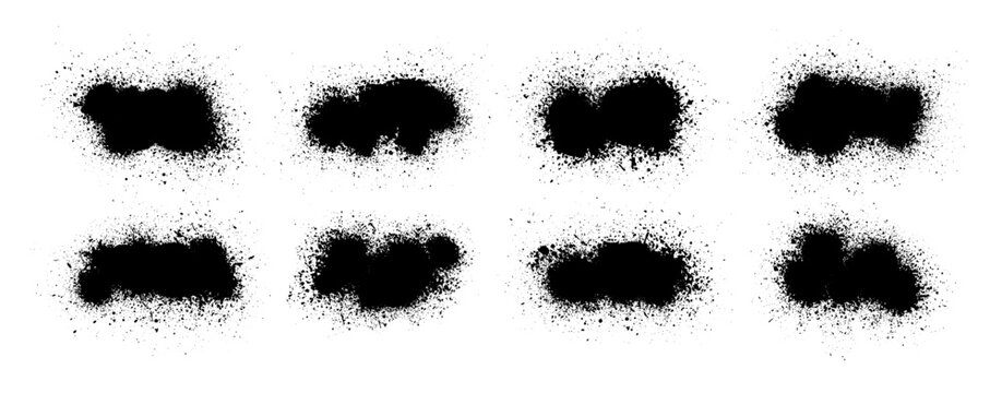 Set of black spray paint banners, aerosol graffiti splatters and grunge textured ink blots. Empty spray clouds for text. Black aerosol paint blots with fine splatter, rough graffiti stains. Vector 