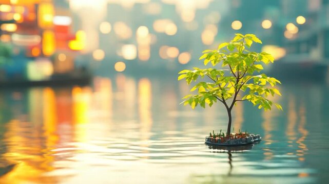 Small tree on island floating in water with lights.