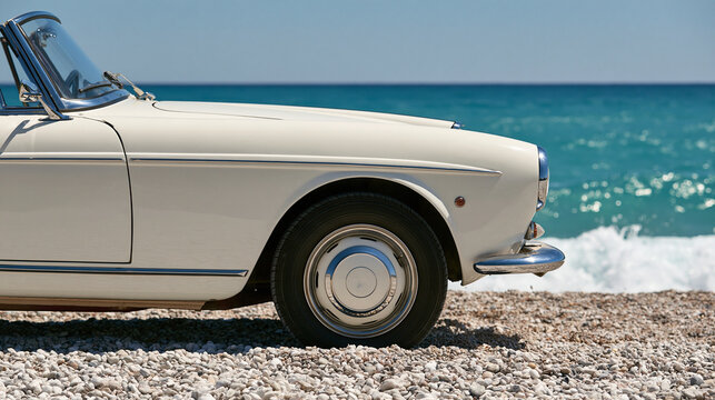 A vintage white convertible car parked on a pebble beach overlooking the ocean. Concept for luxury summer travel and coastal adventure.