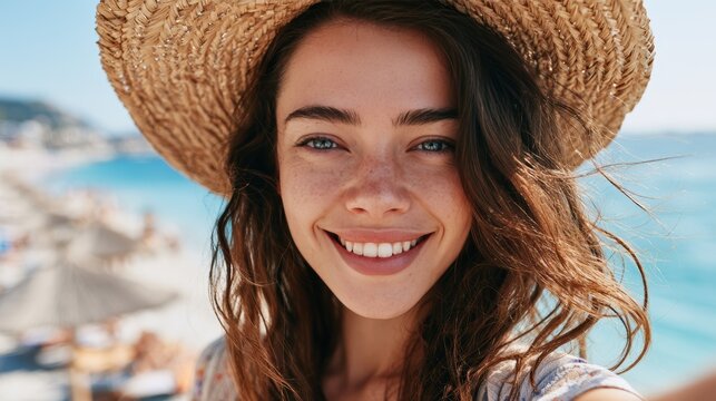 closeup shot of a good looking female tourist. Enjoy free time outdoors near the sea on the beach. Looking at the camera while relaxing on a clear day Poses for travel selfies smiling happy tropical