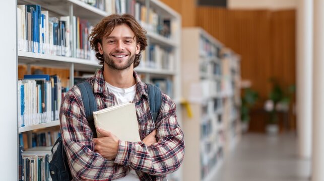 Handsome Smile student man with backpack and books in library, education, university, cheerful, college, happy, standing, school, backpack, attractive, enjoyment, confidence