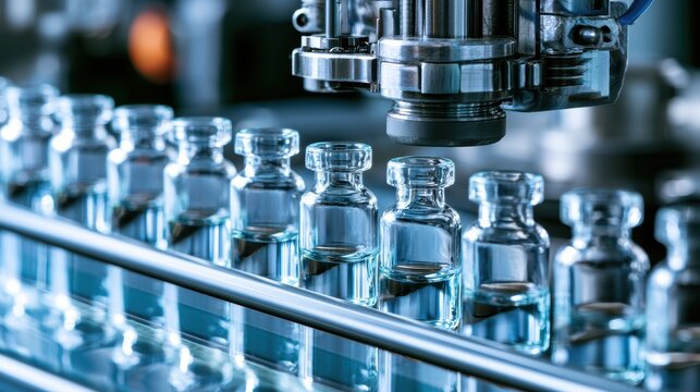 Medical vials on production line at pharmaceutical factory, Pharmaceutical machine working pharmaceutical glass bottles production line, health care, pandemic