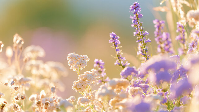 Dreamy spring wildflowers with delicate purple and white blossoms glowing in warm golden sunlight, soft pastel floral meadow background with romantic bokeh and generous copy space