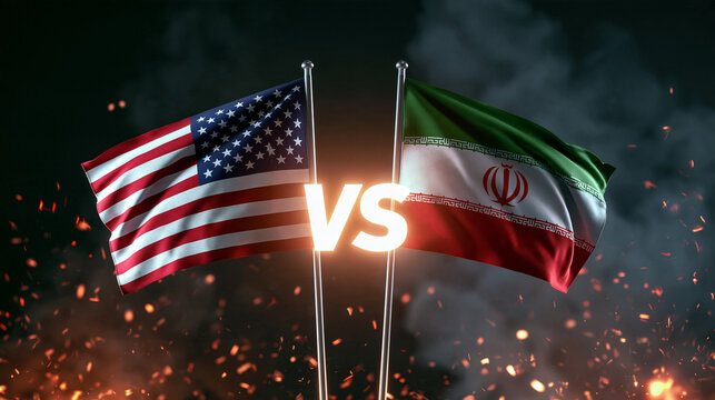 Flags of USA and Iran displayed side by side against a dark background with sparks. Concept for international political relations, conflict, or diplomatic news.