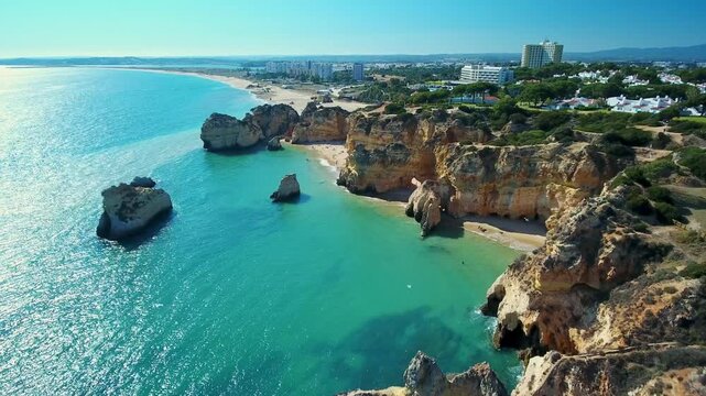 Drone camera flying above the dramatic limestone cliffs, caves, and turquoise ocean waters at praia dos tres irmaos in alvor, revealing the scenic algarve coastline on a sunny day