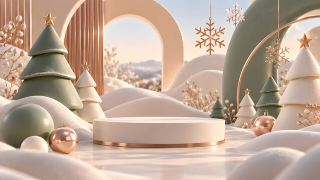 Abstract 3D winter geometric background with podium, Christmas trees, snow and luxury metallic structures
