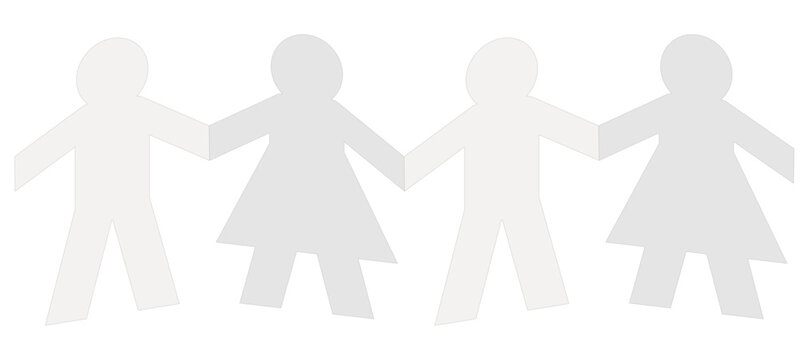 Paper cut men and women figures holding hands in a chain, symbolizing gender equality, community unity, social inclusion, diversity, and solidarity (cut out)