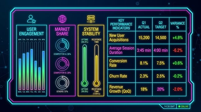 Neon outlined data presentation graphic with three columnar indicators and tabular metrics on a deep backdrop bar column infographic process diagram box tablepercentage progress