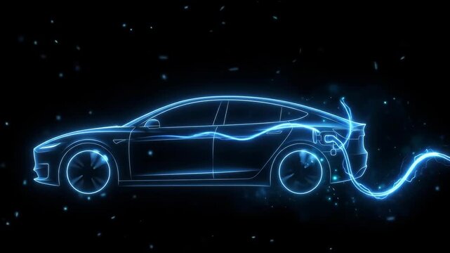 Blue Electric Car Outline on a Dark Background