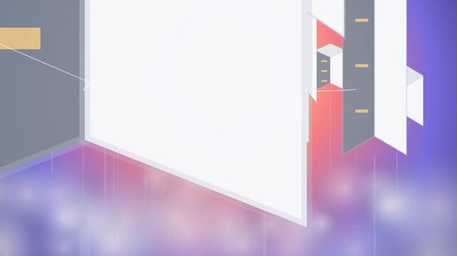 Abstract isometric cityscape floating over glowing blurred digital