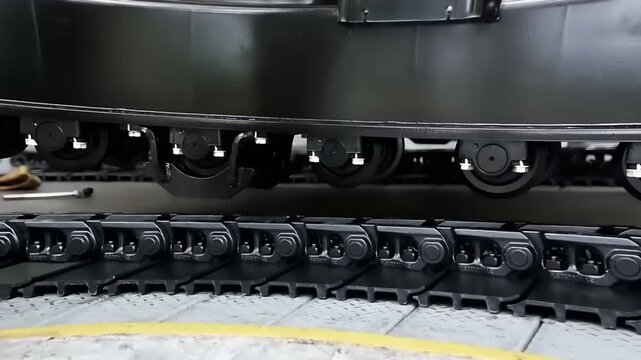 Close up of black crawler track system moving over factory floor