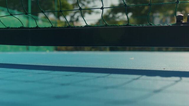 Perforated yellow pickleball rebounds on blue outdoor court near net. Bright ball shifts across playing surface, suggesting practice between points in quiet setting, with motion across court surface.