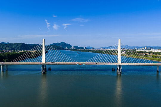 Cable-stayed bridge over river in Tonglu, Hangzhou, Zhejiang, China