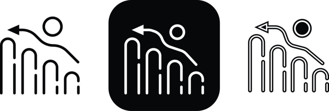 Financial market decline vector icon set with decreasing bar chart and downward arrow signal.