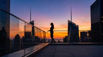 Plakat Silhouette of a Person on a City Rooftop Terrace at Sunset