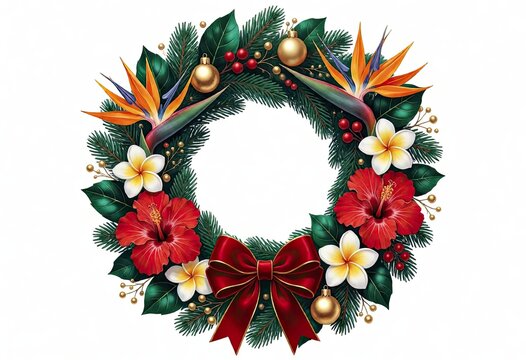 Vibrant tropical wreath adorned with hibiscus flowers and festive red bow